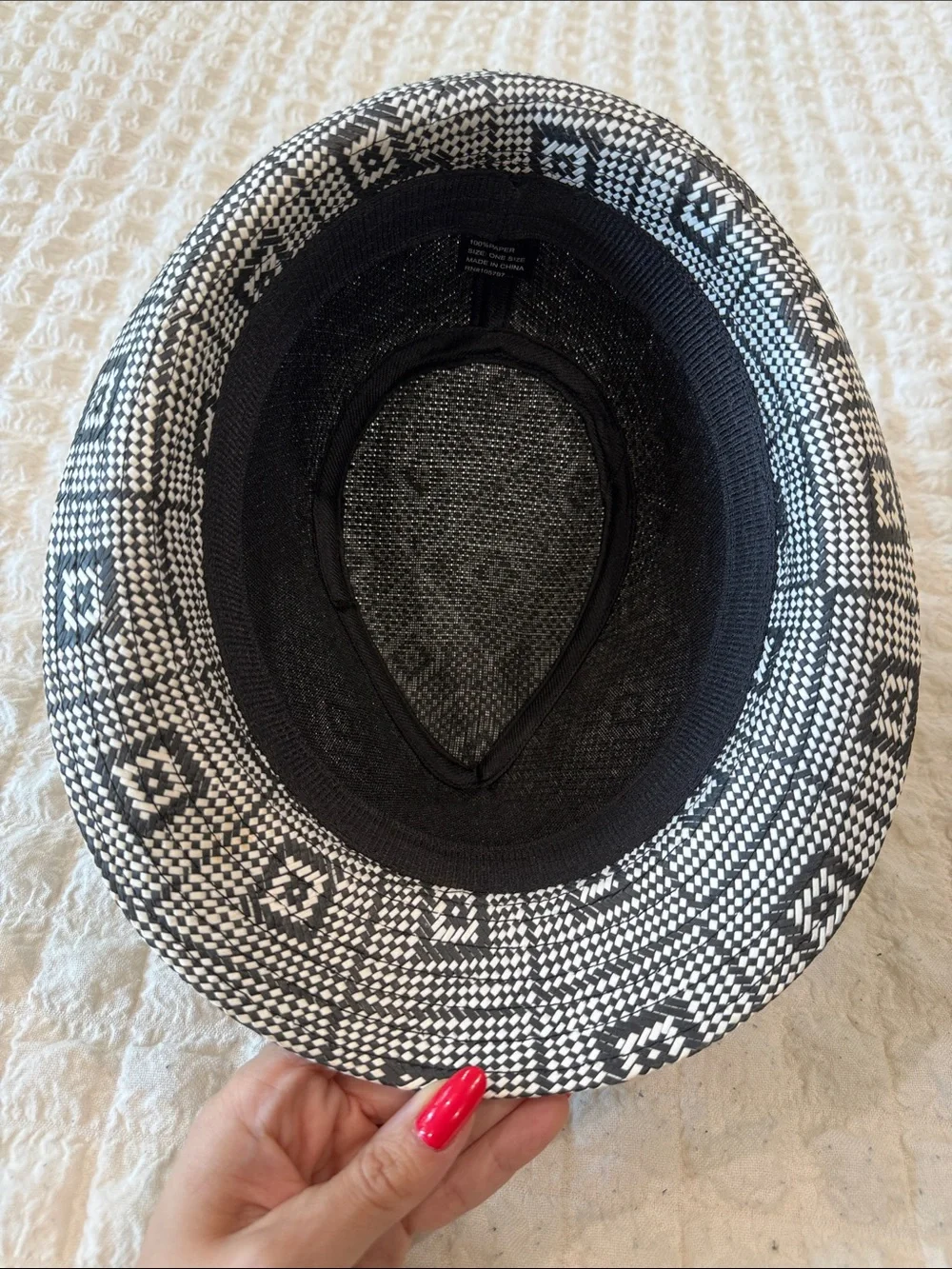 Black & White Patterned Fedora Hat with Black Band
